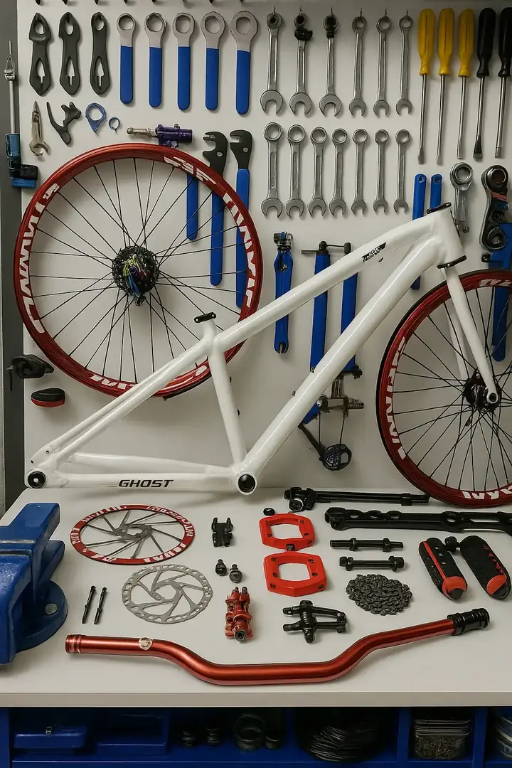 Quadro de bicicleta no cavalete de manutenção diante da parede de ferramentas
