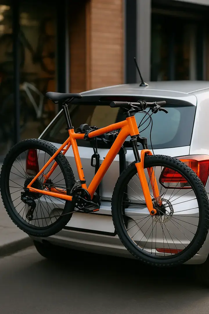 Duas bicicletas presas no suporte traseiro de um carro